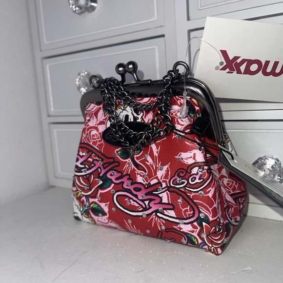NWT Ed Hardy Floral Red Bedazzled Small bag/coin purse with Chain - Picture 6 of 8